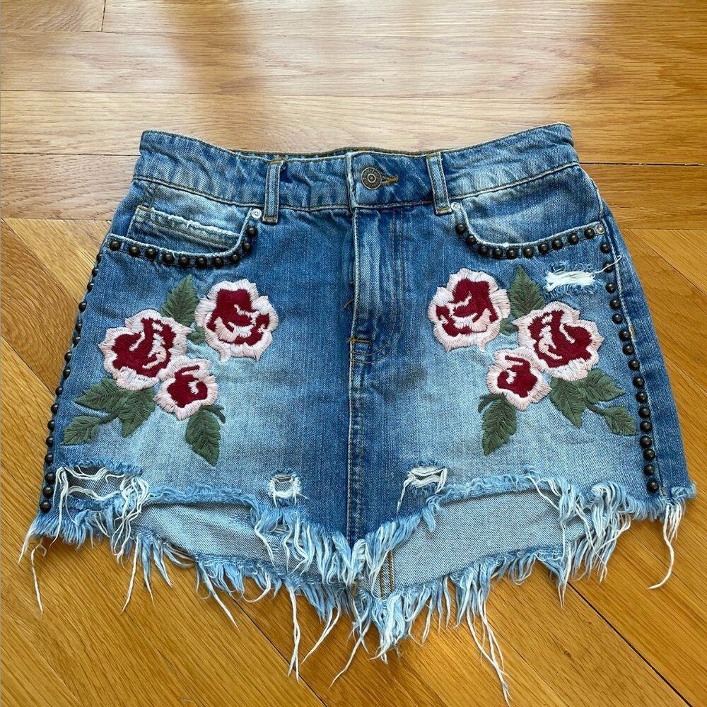 Free People Embroidered Denim Skirt